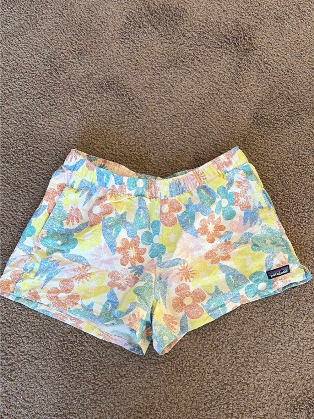 Patagonia Women’s Pastel Floral Athletic Shorts — Yellow, Blue, Pink, Orange